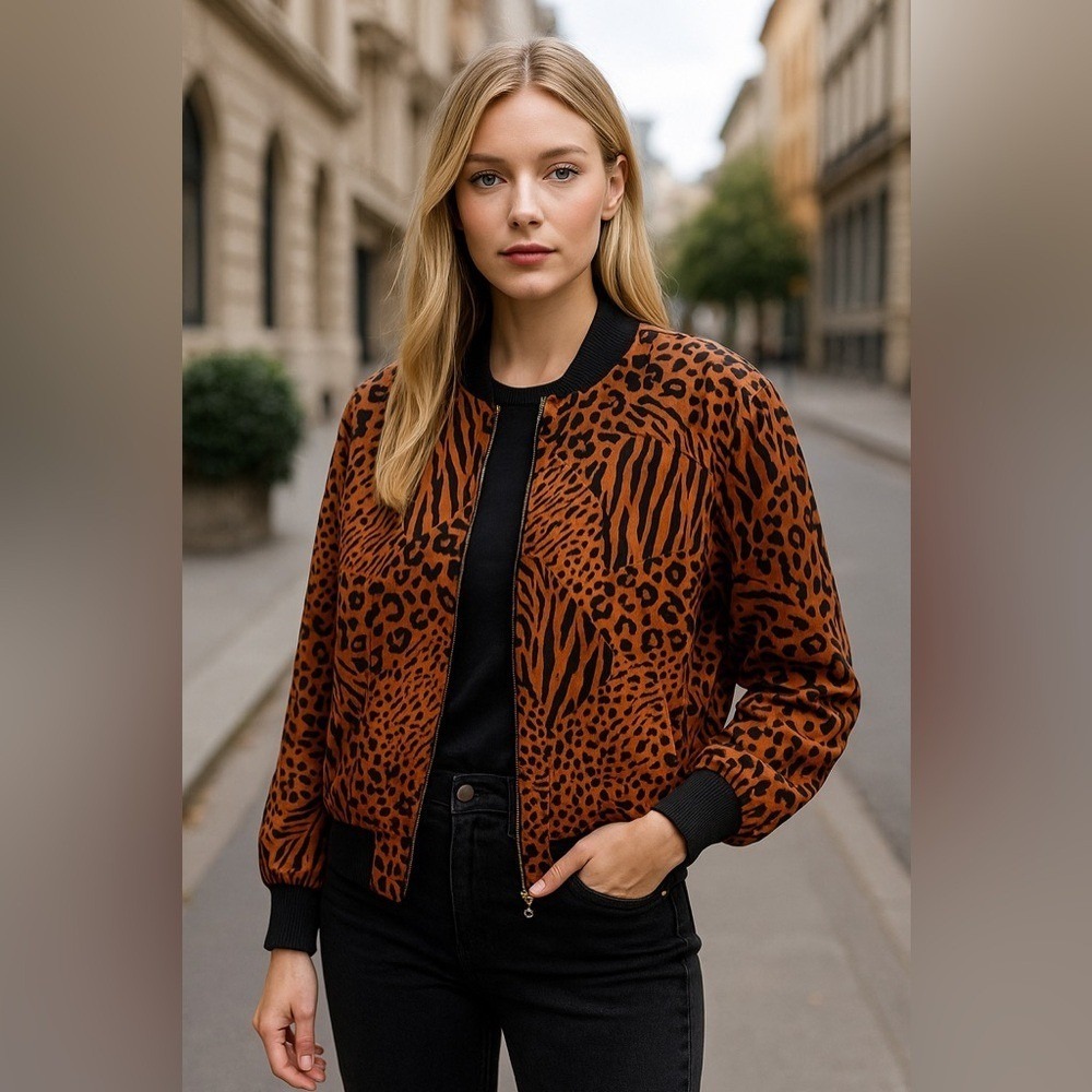 Neiman Marcus 100% Silk Animal Print Bomber Jacket Size Small Vintage Luxe